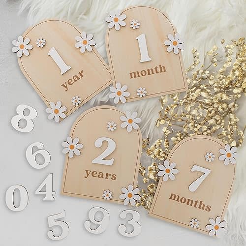 Beautiful Baby Monthly Milestone Cards - The Perfect Wooden Discs for Adorable Milestone Pictures of Your Newborn - 2X Reversible Arches Signs with Interchangeable Numbers Make a Great Shower Gift