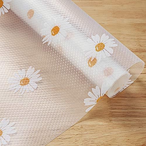 Daisy Shelf Liner for Kitchen Cabinets – Non-Adhesive, Non-Slip Drawer & Refrigerator Liner – Waterproof, Washable Cabinet Mat Floral Pattern, Easy to Cut & Install – Fits Pantry, Bathroom, Office