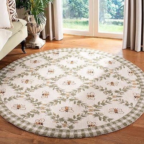SAFAVIEH Chelsea Collection Area Rug - 4' Round, Ivory & Green, Hand-Hooked French Country Wool, Ideal for High Traffic Areas in Living Room, Bedroom (HK55A)