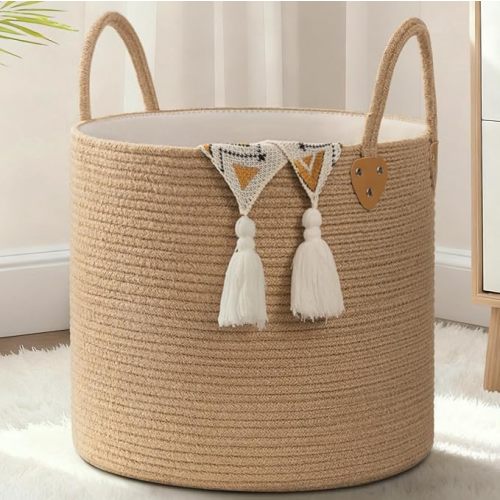CHICVITA 50L Blanket Basket Living Room, Wicker Laundry Baskets for Home Decor, Baby Toy Basket with Handles, Large Nursery Hamper for Blankets Towels Clothes, 16" X 16" X 14", Jute Brown