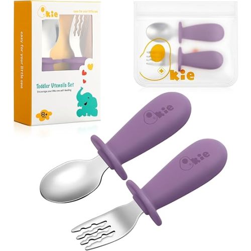 Toddler Utensils, Toddler Forks and Spoons, Baby Spoons Self Feeding, Stainless Steel Baby Silverware with BPA Free Silicone Easy Grip, 8 Months+ (Dusty Rose)