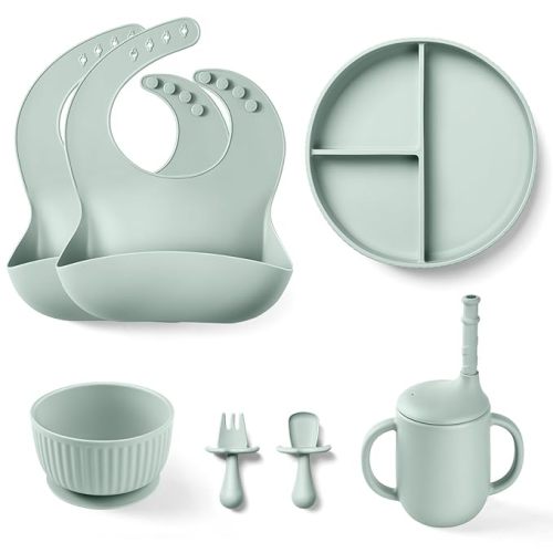 Baby Led Weaning Supplies - Silicone Baby Feeding Set - Suction Bowl Divided Plate Straw Sippy Cup - Toddler Self Feeding Eating Utensils Dishes Set with Bibs Spoon Fork - 6 Months - Forest