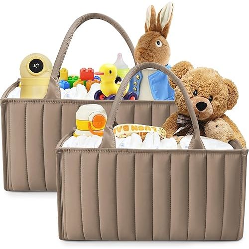 SWEET DOLPHIN 2-Pack Baby Diaper Caddy Organizers, Stylish Storage Baskets for Newborn Essentials, Diaper Station & Car Travel, Value Bundle for Baby Shower Gifts & Registry Must-Haves - Mocha Brown