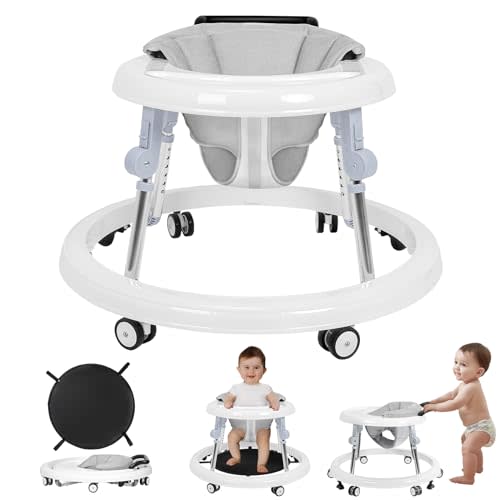 HARPPA Foldable Baby Walker with Wheels and Anti-Rollover, Sit to Stand Activity Center for Boys and Girls 6-18 Months, 5-Position Height Adjustable (White)