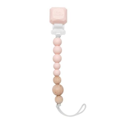 Loulou Lollipop Silicone + Wood Soother Holder In Silicone Clip - Color Pop Pink Quartz