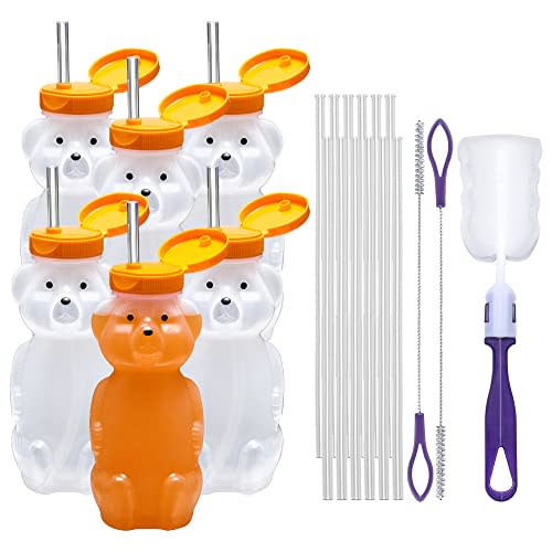 Special Supplies Honey Bear Straw Cup Long Straws, Squeezable Therapy and Special Needs Assistive Drink Container, Spill Proof and Leak Resistant Lid (Pack of 6 Bottles and 12 Straws)