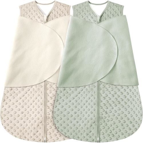 Newborn Sleep Sack Baby Swaddle,0-12 Months,3-Way Adjustable Wearable Blanket,Swaddling Sleeping Bag (Beige & Grass green, 0-3 Months)