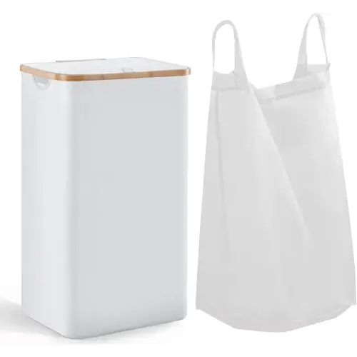 100L Large Laundry Hamper with Lid and Liner Bag, White