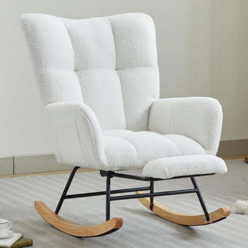 LETESA Nursery Rocking Chair, Teddy Upholstered Glider Chair with Footrest, Rocking Accent Chair with Side Pocket, Padded Reading Armchair with High Back for Living Room (White)