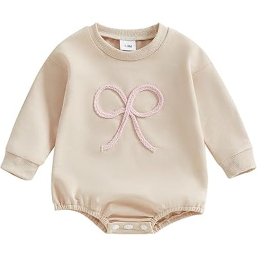 Newborn Baby Girl Fall Outfit Bow Oversized Sweatshirt Bubble Romper Long Sleeve Sweater Bodysuit One-Piece Jumpsuit