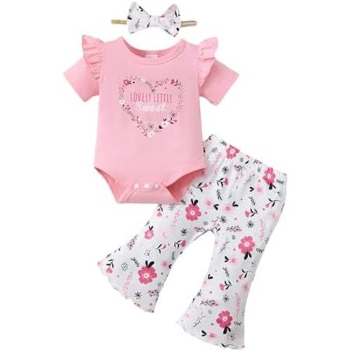 SUNNY PIGGY Baby Girl Clothes Ruffle Short Sleeve Romper Long Pants Set with Headband Newborn Infant Outfits