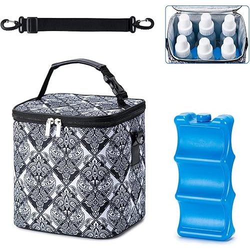 Breastmilk Cooler Bag with Ice Pack Fits 6 Baby Bottles Up to 9 Ounce, Baby Bottle Bag with Shoulder Strap for Nursing Mom Daycare, Black