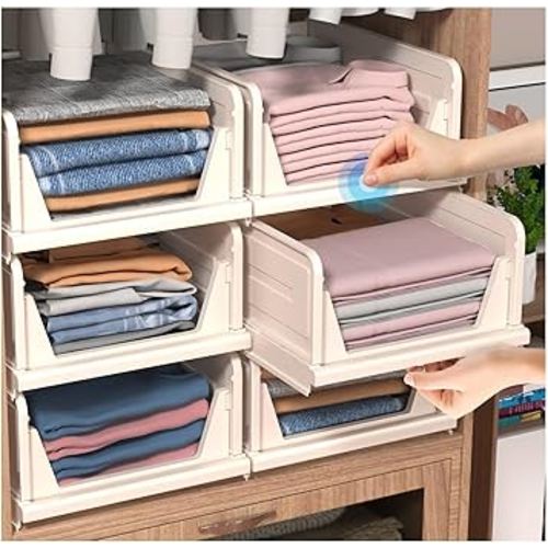 CTSNSLH 6 Pack Folding Closet Organizers Storage Box, Stackable Storage Bins, Plastic Drawer Basket Closet Storage for Wardrobe Cupboard Kitchen Bathroom Office Light Beige-6L