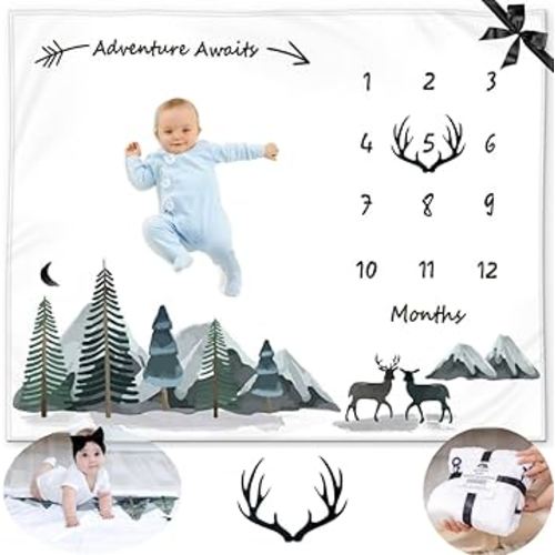Baby Monthly Milestone Blanket Boy - Milestone Blanket for Baby Boy Includes Felt Frame, Adventure Mountain Month Blanket Woodland Nursery, Baby Shower Baby Milestone Blanket, 50x40