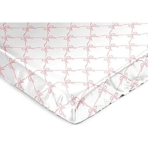 Sweet Jojo Designs Fitted Baby Satin Crib Sheets (Pink Bows) for Girls, Infant Nursery, Toddler Room - Standard Size (Blush and White Bow for The Ballerina, Ballet Dancer, Princess Collection)