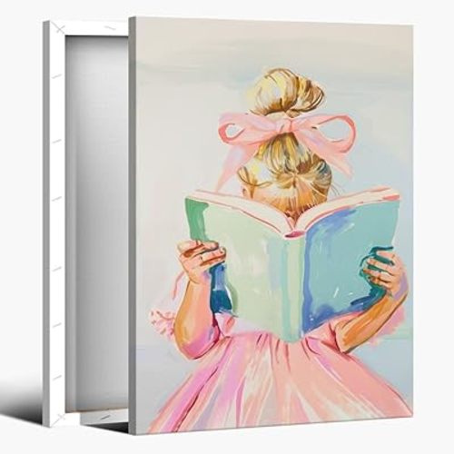 Pastel Book Nook Wall Art Print Little Blonde Girl Reading Books Poster Preppy Pink bow picture Nursery wall decor for Girls Room Childrens Wall Art Decor Framed12x18inch