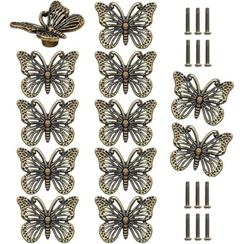 Vintage Animal Cabinet Knobs - 12 Pcs Metal Pull Handles for Antique Dresser, Furniture Door (Butterfly)