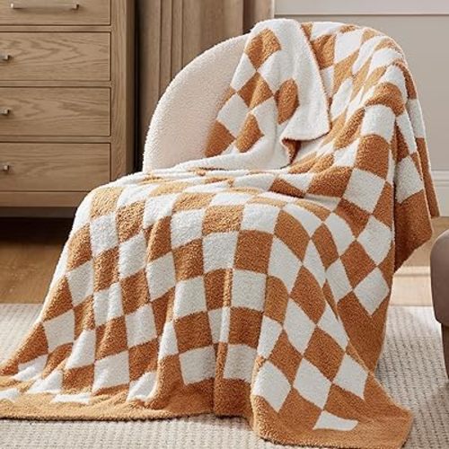 Bedsure Checkered Throw Blanket for Couch - Super Soft, Cozy & Warm Knit Blanket, Breathable, Lightweight & Fluffy for Bed & Sofa, Checkered Camel, 50x60 Inches