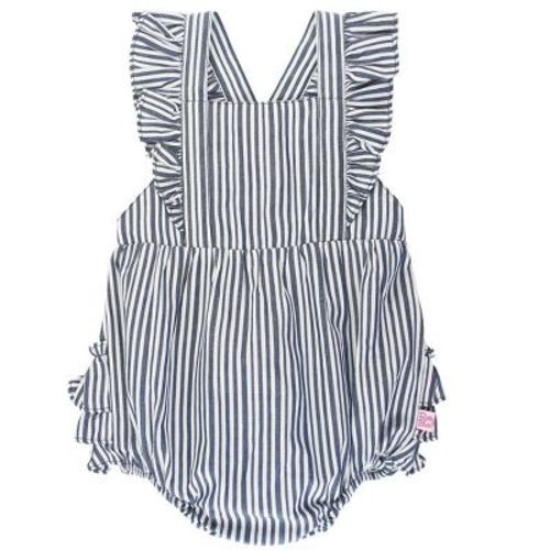 Rufflebutts Woven Pinafore Cross-back Romper - Navy Micro Stripe, Size: 6-12m
