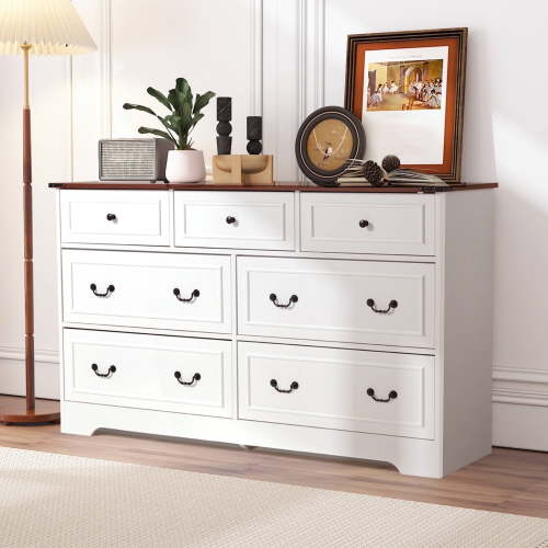 JOMEED Farmhouse 7 Drawers Dresser for Bedroom, 54" Wide Kids Chest of Drawers for TV Stand with Carved Pilasters, Storage Organizer for Living Room, Antique White