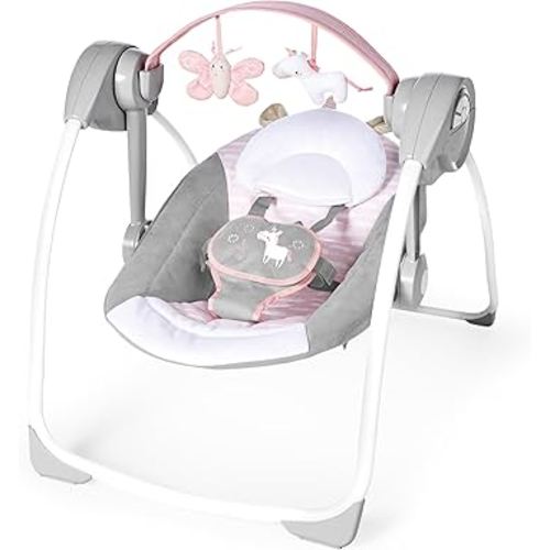 Ingenuity Comfort 2 Go Compact Portable 6-Speed Baby Swing with Music, Folds for Easy Travel-Flora the Unicorn (Pink), 0-9 Months