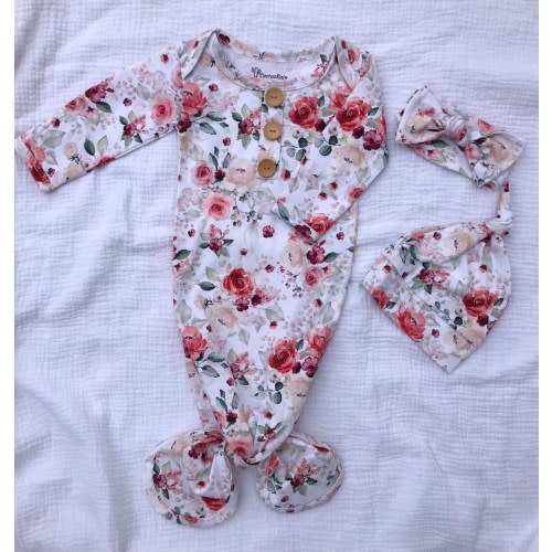 VINTAGE FLOWER Organic Cotton Knotted Gown,0-3 Months, Going Home Set, Shower Gift, New Baby, Photo Prop, Girl,Birth Announcement