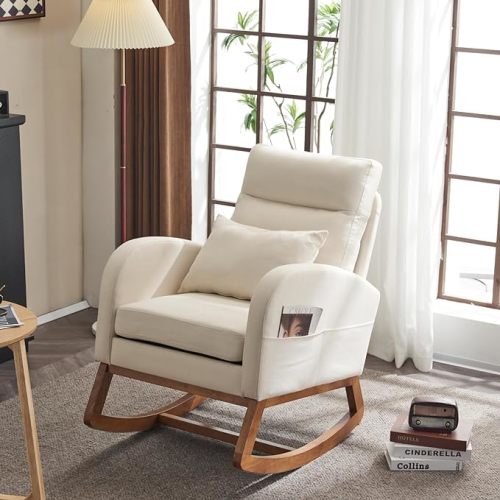 VINGLI Beige Linen Nursery Rocking Chair with Thick Headrest,Mid-Century Modern Nursing Rocker,Upholstered Glider with Curved Armrest, Sturdy Solid Wood Base for Living Room, Bedroom, Baby Room