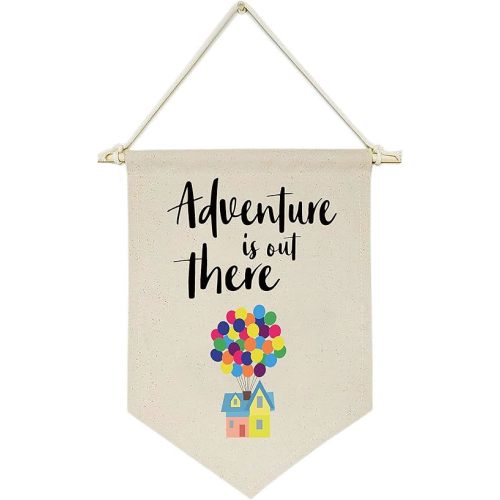 Adventure Is Out There -Canvas Hanging Flag Banner Wall Sign Decor Gift for Baby Kids Girl Boy Nursery Teen Room Front Door - Hydrogen Balloon, Travel Around the World