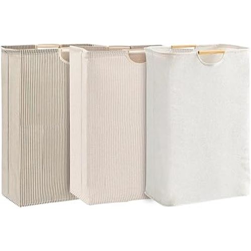 3-Pack 65L Collapsible Laundry Basket with Wooden Handles, Ideal for Tidying Clothes, Blankets and Toys,Laundry Hamper Perfect for Bedroom, Bathroom, and Living Room Organization (Striped Set)