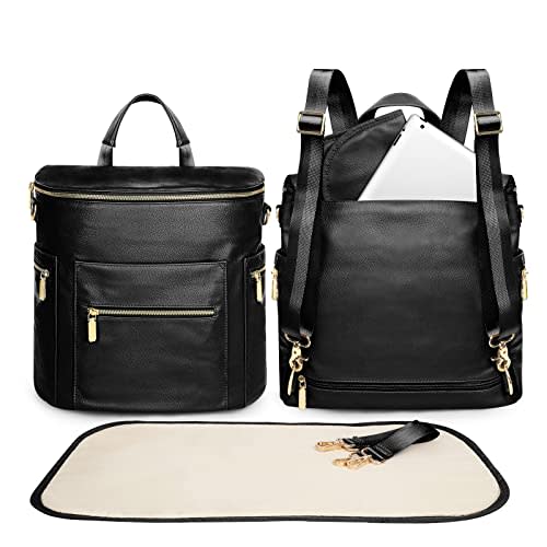 miss fong Diaper Bag Backpack Baby Diaper Bag, Large Leather Diaper Backpack with 16 Pockets Travel Diaper Bag with Diaper Changing Pad, Stroller Straps & 2 Insulated Pockets(Convertible, Black)