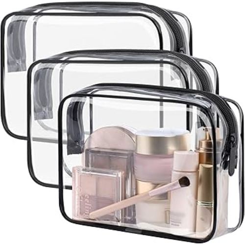 PACKISM TSA Approved Toiletry Bag - Clear Makeup Bag 3 Pack Medium, Quart Size Bag with Metal Smooth Zipper, Multi-use Storage Travel Makeup Bag for Women Men, Airport Airline Compliant Bag, Black