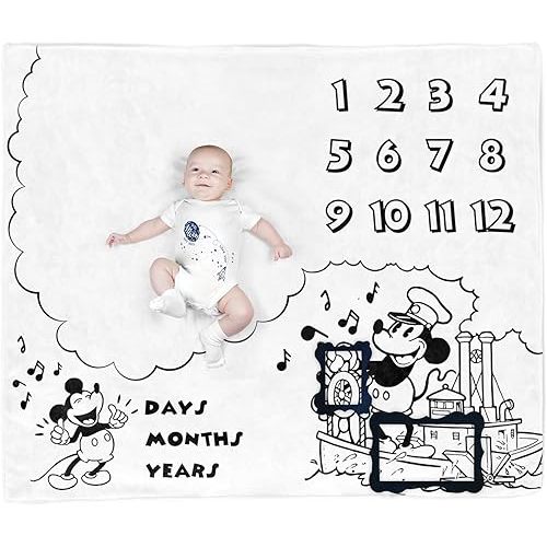 Baby Monthly Milestone Photo Blanket - Cartoon Mouse Design, Made with Soft Polyester and Classic Black & White Color Matching
