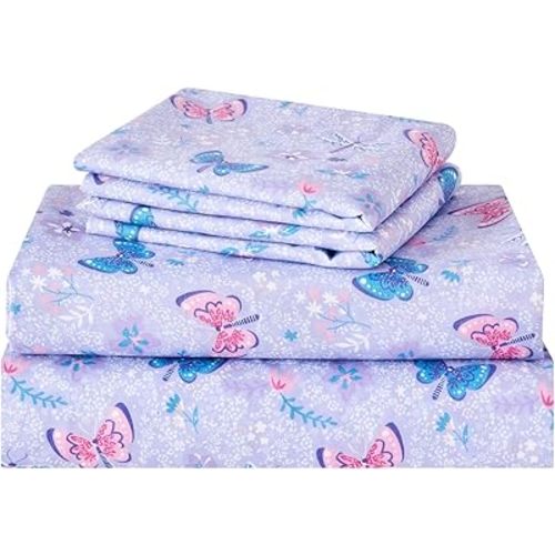 Kids Sheet Set Full Size, Girls Full Sheet Set with Floral Purple Butterfly Pattern, Breathable Silky Soft Microfiber Kids Fitted Sheet