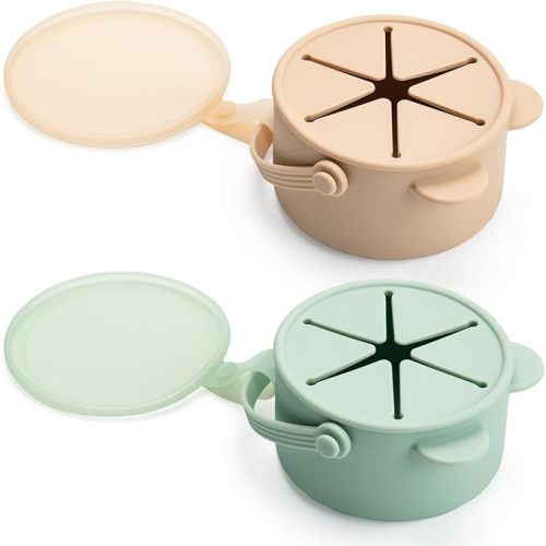 Silicone No Spill Snack Cups for Toddlers – Portable Baby Snack Cup Containers with Dustproof Lid – Dishwasher-Friendly Toddler Spill Proof Cups Without BPA, Lead, or Phthalates – Beige and Green - Beige & Green