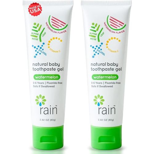 Baby Toothpaste 6 to 12 Months - Rain Fluoride Free Tooth Paste Gel for Infant Toddler Kids 0-6 Years and Up, Safe to Swallow, 2.8 Oz, Babies Training, Xylitol, Vitamin C, Vegan, SLS Free, Gluten Free