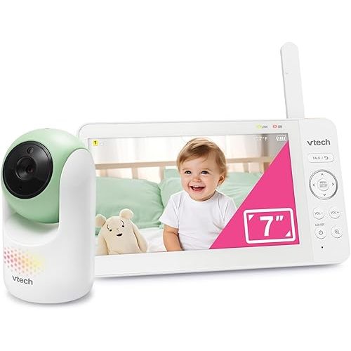 VTech Baby Monitor No WiFi, 7" IPS Screen, 5000mAh 12Hr Battery, 360° Pan Tilt Zoom, Night Vision, Multi-Color Night Light, 2-Way Talk| Advanced Max Green