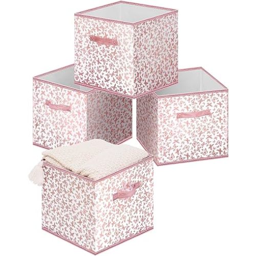 Cube Storage Bin, 13x13x13 Pink Storage Cube Bins with Dual Handles&Tags, 4-Pack Storage Boxes for Cubby Shelf Closet Storage, Rose Gold Butterfly