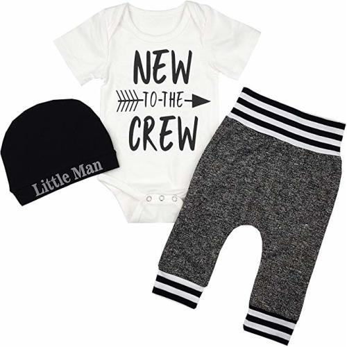 Newborn Baby Boy Clothes New to The Crew Letter Print Romper+Long Pants+Hat 3PCS Outfits Set - White 3