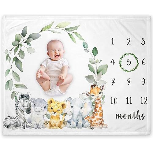 Yuzioey Safari Milestone Blanket, Jungle Wild Animals Baby Growth Chart Monthly Blanket, Watch Me Grow Jungle Safari Baby Nursery for New Moms Baby Shower(50"x40")