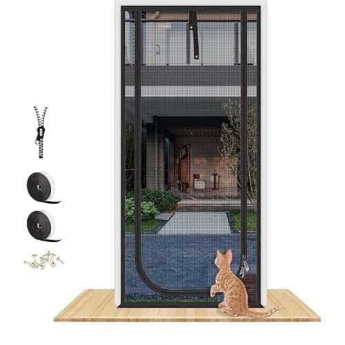 QWR Reinforced Cat Screen Door,Fits Door Size 32''x 80'',Thickened Cat Resistant Mesh Screen Door for Living Room,Kitchen,Bedroom,Cat Proof Screen with Zipper Closure(U-Type,Black)