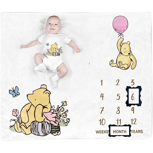 utrwooy Winnie Bear Themed Month Blanket for Newborn Photography - 37"x45" Flannel Growth Mat with 2 Black Felt Date Frames - Baby Photo Prop