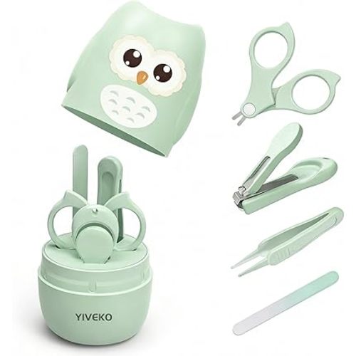 Baby Nail Kit, 4-in-1 Baby Nail Care Set with Cute Case, Baby Nail Clippers, Scissors, Nail File & Tweezers, Baby Manicure Kit and Pedicure kit for Newborn, Infant, Toddler, Kids-Owl Green