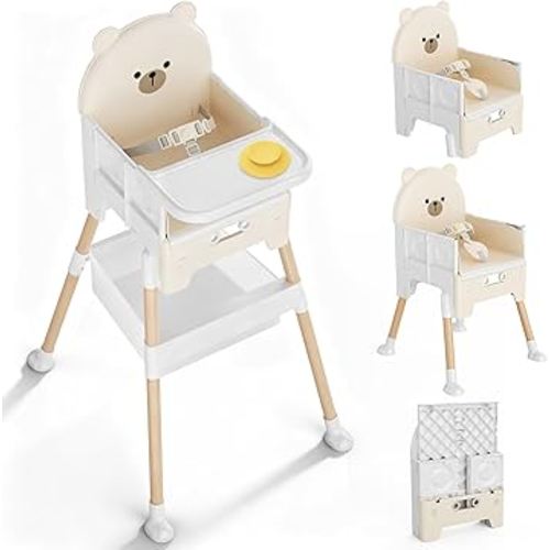 Baby High Chair 3 in 1 High Chairs for Babies and Toddlers Bear Toddler Chair Adjustable Height Highchair with Bib and Storage Bag for Baby Convenient Comfortable Feeding（Beige）