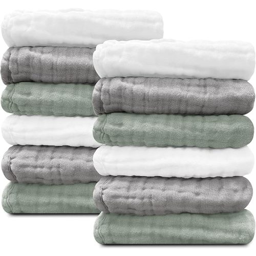 Sunny zzzZZ Baby Muslin Washcloths -100% Cotton Muslin Soft Baby Bath Wash Cloths and Absorbent Burp Cloths for Newborns Kids Girls and Boys -12 Pack, 12x12 Inches - White+Green+Grey