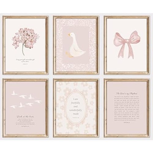 Kizbok Pink Christian Nursery Wall Art, Cute Bible Verse Art Prints Girl Nursery Room Decor, Vintage Coquette Bow Poster Jesus Boho Scripture Aesthetic Pictures, Floral Wall Decor for Bedroom - Unframed