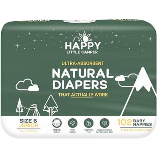 Happy Little Camper Ultra-Absorbent Natural Baby Diapers Size 6 - Hypoallergenic & Chlorine-Free Disposable Diapers Safe for Sensitive Skin - Unscented Junior Diapers - 102 Count