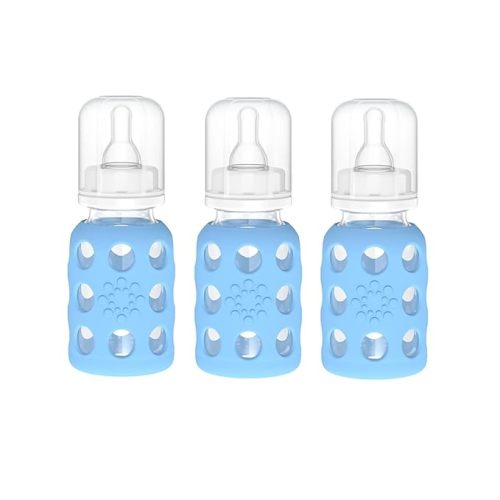 Lifefactory Glass Baby Bottle BPA Free | Protective Silicone Sleeve | 4 oz Pack of 3 | Sky Blue