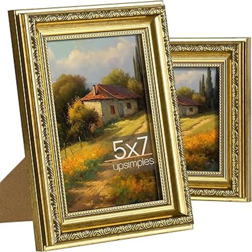 upsimples 5x7 Picture Frame with Real Glass, Ornate Vintage 5 x 7 Photo Frames for Wall Decor or Tabletop Display, Gold, 2 Pack