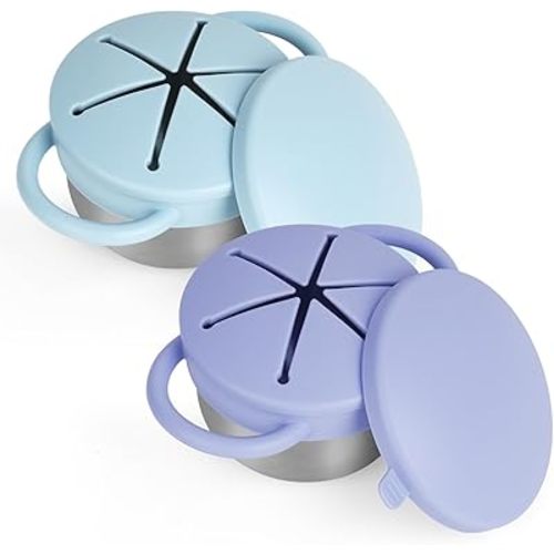 2 Pack Snack Cups for Toddlers Spill Proof - Detachable Stainless Steel Toddler Snack Cups with Silicone Lids & Handles - Dishwasher Safe Baby Snack Containers for Mess-Free Snacking (Blue and Green)