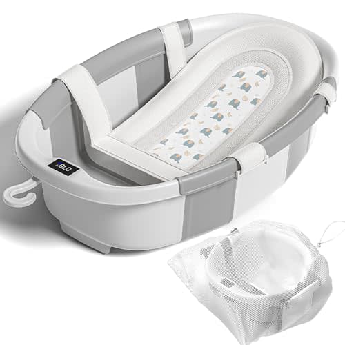 Collapsible Baby Bathtub with Soft Cushion and Thermometer, Newborn to Toddler Tub 0-36 Months with Toy Storage Mesh Bag, Portable Travel Bath for Infants (Grey)